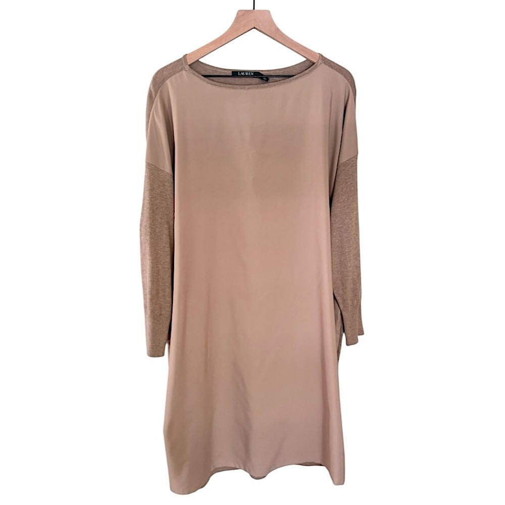 NWT Lauren Ralph Lauren Farheen Twill Mixed Media Midi Sweater Dress Tan Size 2X